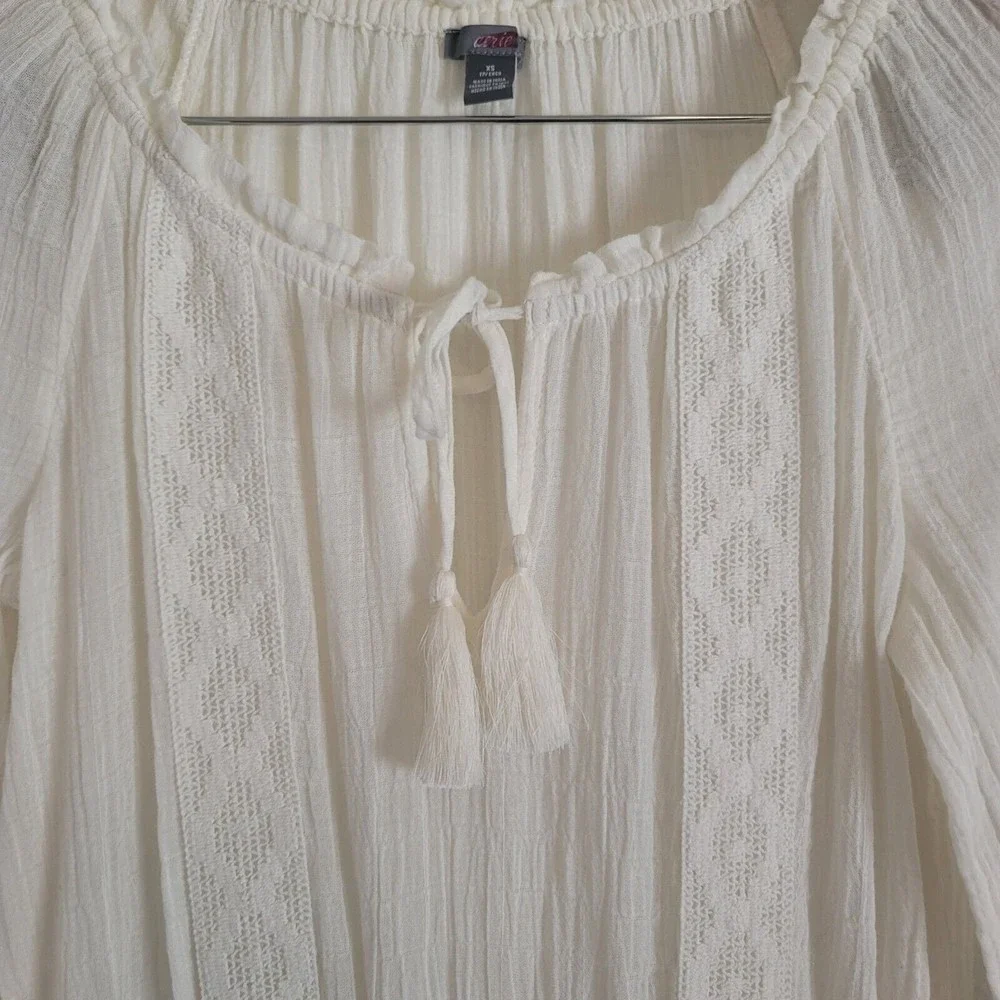 Aerie Womens Size XS White Gauze Summer Mini Dress Crochet trim Long Sleeve Boho - Picture 2 of 14